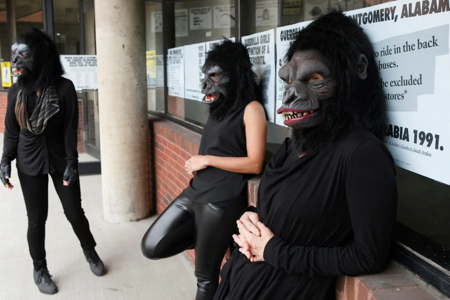 The Guerrilla Girls stand outside the Abrons Art Center in 2015. ASU will be hosting one of the Guerrilla Girls’ founding members on Nov. 18, 2016. 