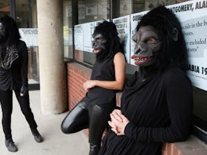 The Guerrilla Girls stand outside the Abrons Art Center in 2015.&nbsp;ASU will be hosting&nbsp;one of the Guerrilla Girls’ founding members on Nov. 18, 2016.&nbsp;