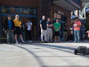 Students from the Embedded Microprocessor Systems class test their model cars on April 7, 2016, in Tempe.&nbsp;&nbsp;