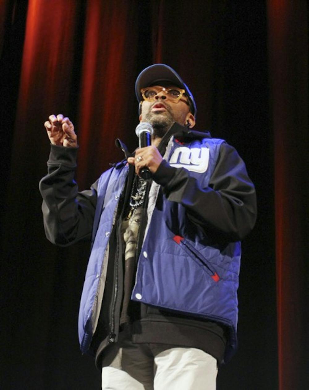 Film director Spike Lee speaks to a large crowd at ASU Gammage Wednesday evening. Lee spoke about the importance of education.  (Photo by Sam Rosenbaum)