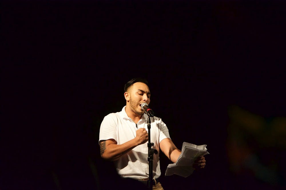 Urban and city planning junior Jose Pardo expresses his poems to the audience on Wednesday, Sept. 2, 2015, in the Arizona Ballroom in the Memorial Union on the Tempe campus. Pardo will perform at Voz De Sparky, a bilingual open mic night, on Friday, Oct. 10, in the Pima Room of the MU.