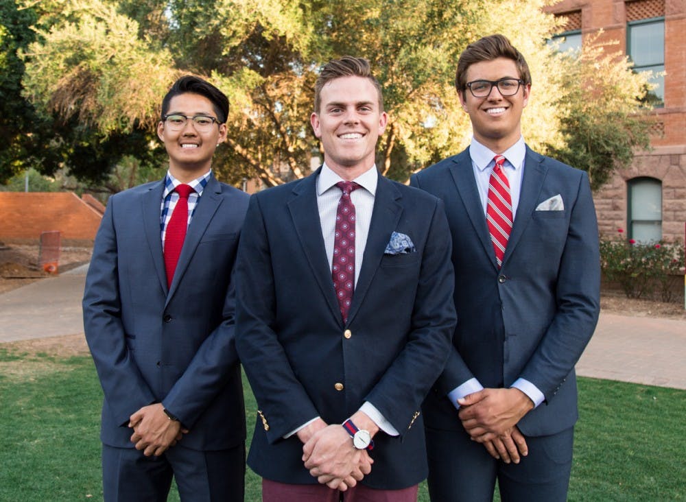 Left to right,&nbsp;Chen Xi Zhao (former vice president of services candidate), Brian Smith (former presidential candidate) and Grant Wallace (former vice president of policy candidate), who&nbsp;made up the Smith 2017 ticket, pose for a photo.