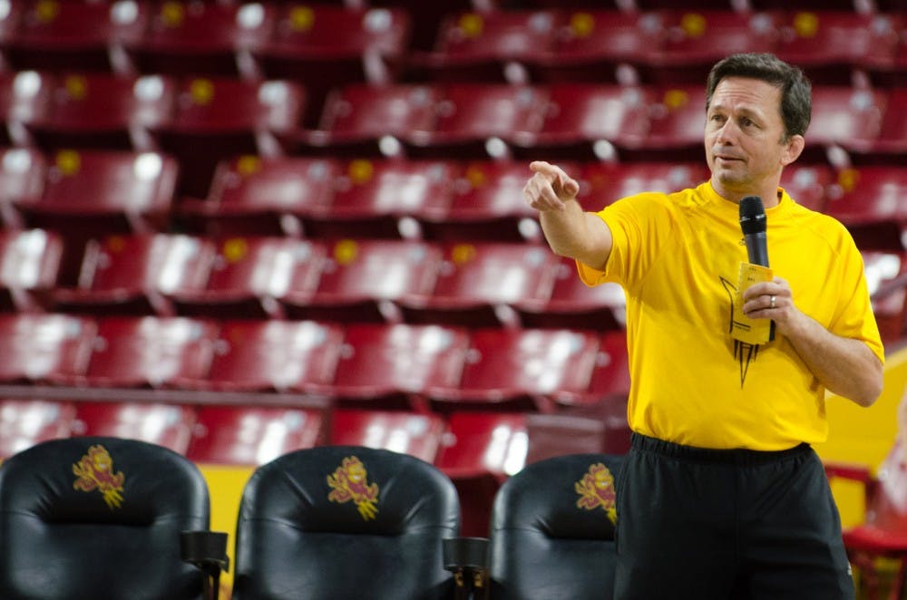 The head coach of ASU's wrestling team,  Zeke Jones, welcomes fans to the Maroon and Gold Intersquad Meet at Wells Fargo Arena on Oct. 29, 2016.