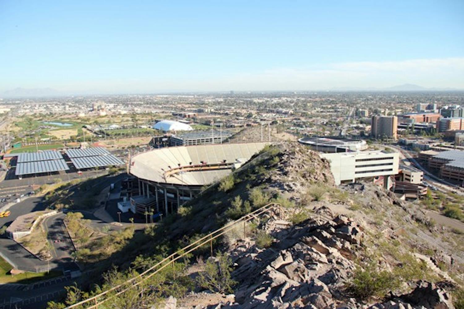 An empty Sun Devil Stadium following football season is seen from the top of "A" Mountain in Tempe Friday afternoon. (Photo by Diana Lustig)