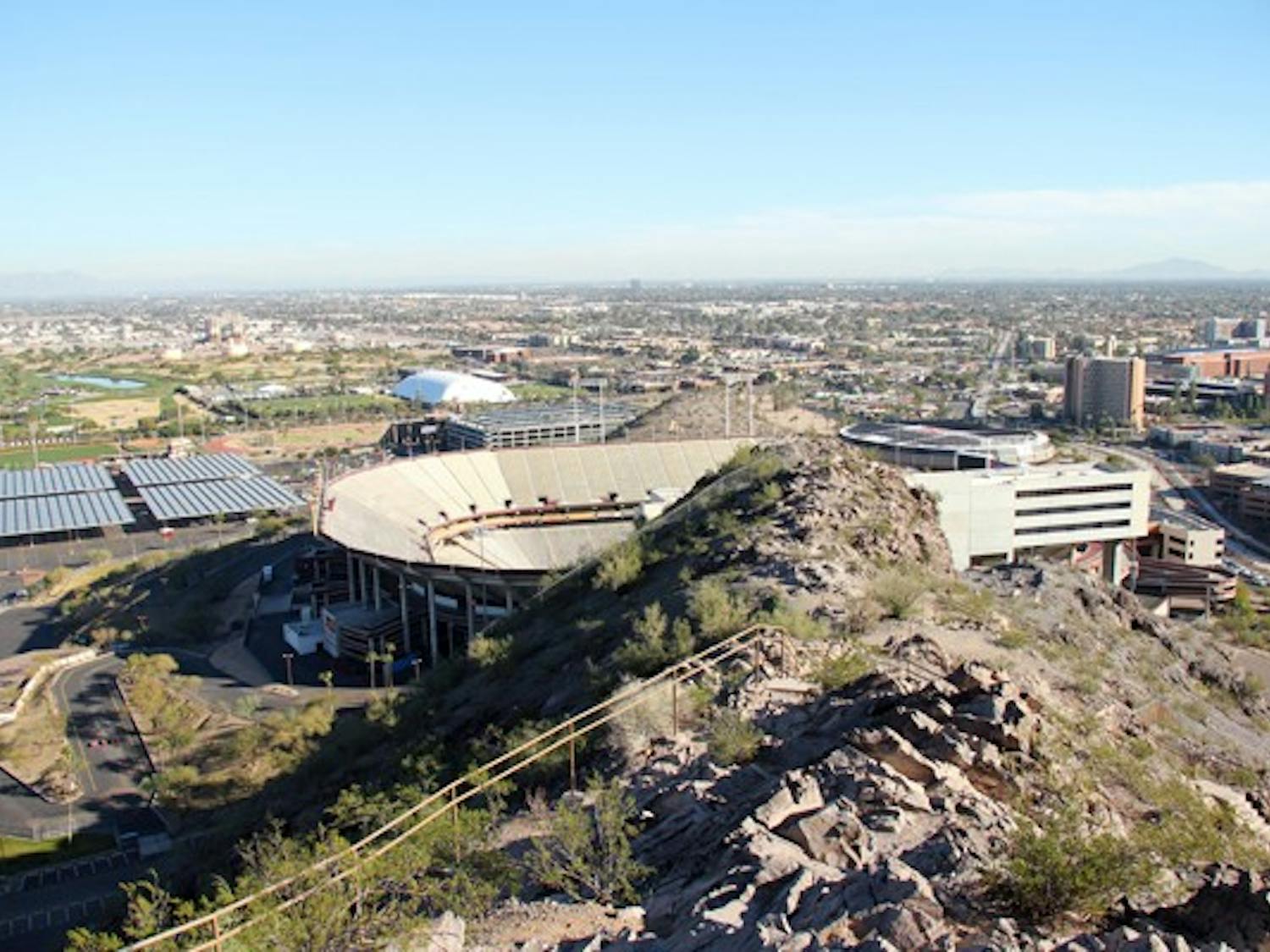 An empty Sun Devil Stadium following football season is seen from the top of "A" Mountain in Tempe Friday afternoon. (Photo by Diana Lustig)