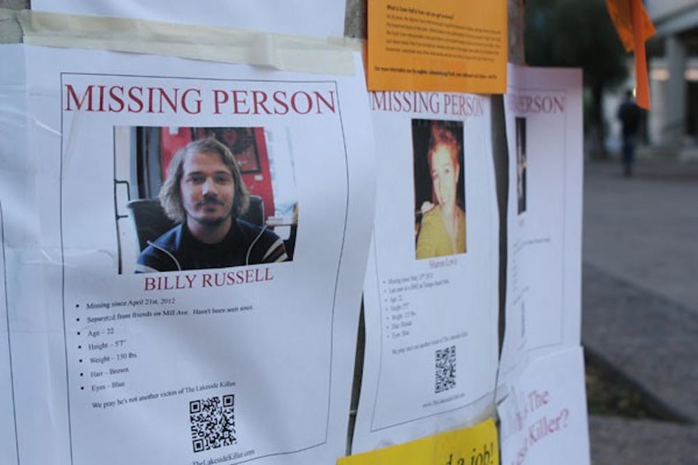 Missing persons posters taped to bulletins on Tempe campus Thursday afternoon advertise for the new indie movie, 'The Lakeside Killer.' (Photo by Cameron Tattle)