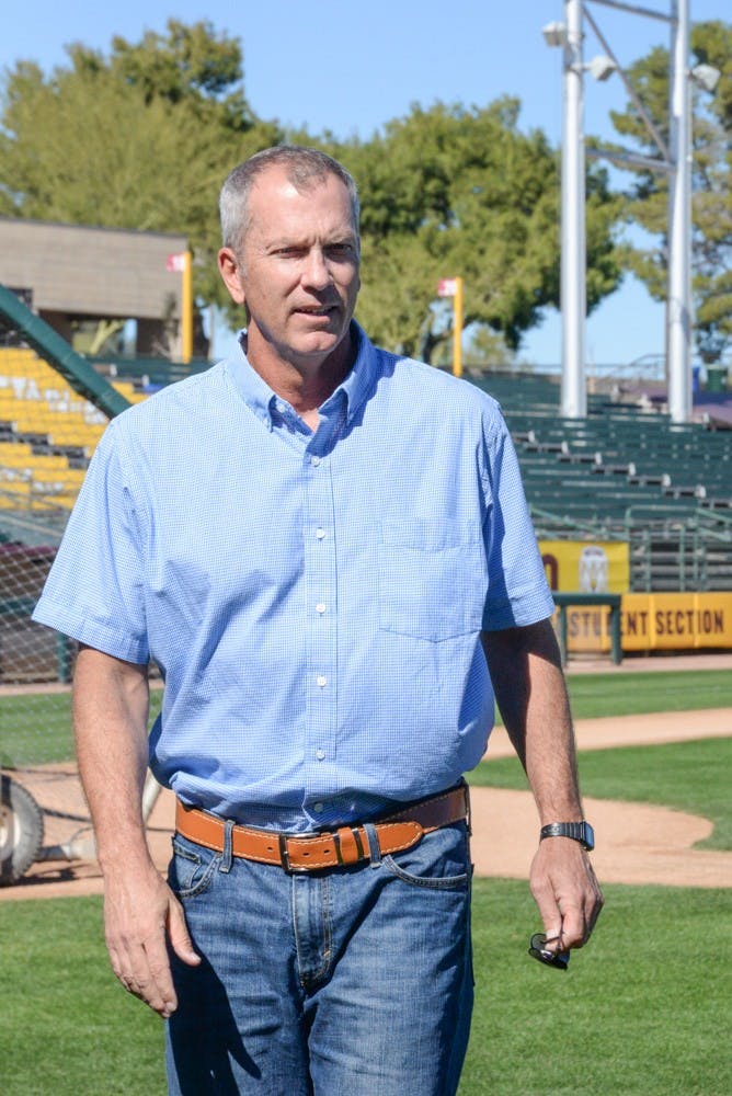 ASU baseball coach Tracy Smith introduces himself to the press in his inaugural season as head coach on Media Day on Feb. 11, 2015, at the Phoenix Municipal Stadium. (J. Bauer-Leffler/The State Press)