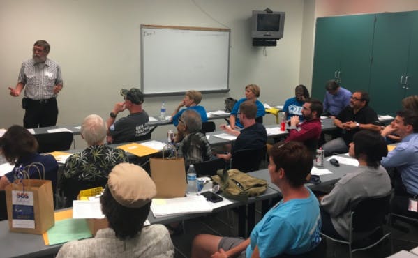 Bill Pearce (D), candidate for the Arizona statewide office of Mine Inspector, addresses Democrats in Tempe's Legislative District 26 meeting.