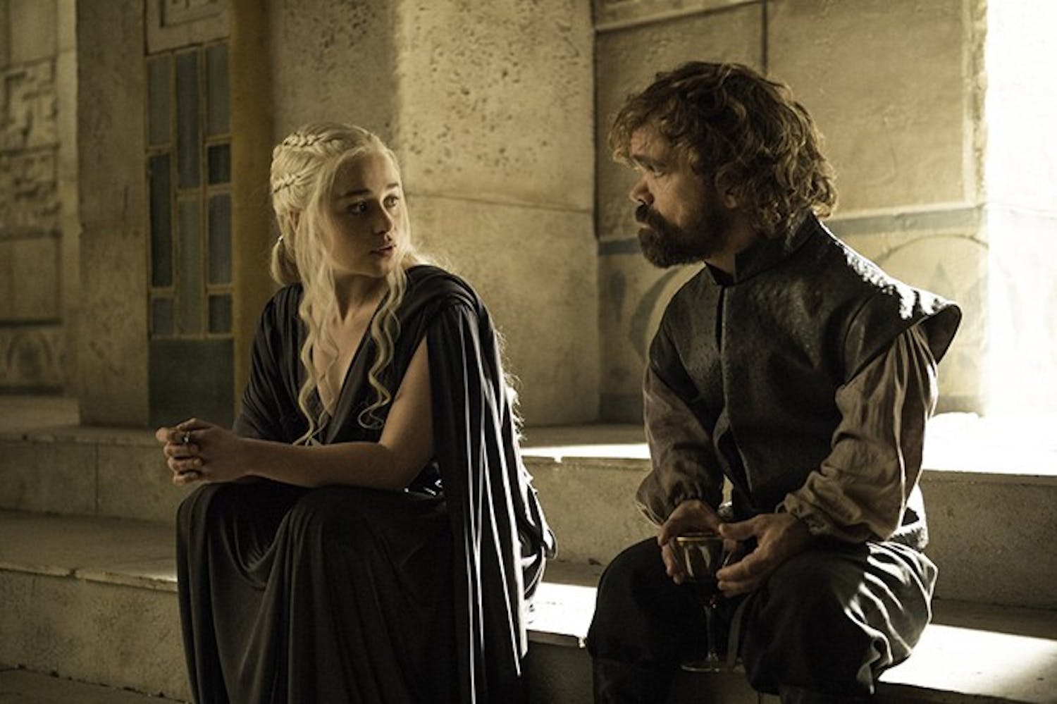 Daenerys Targaryen (left, portrayed by&nbsp;Emilia Clarke) and&nbsp;Tyrion Lannister (right, portrayed by&nbsp;Peter Dinklage) in HBO's "Game of Thrones."