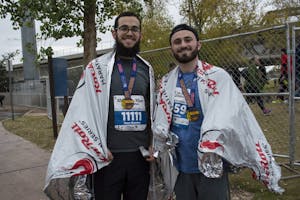 Rabbi Mendy Rimler and Greg Haft after running the Rock and Roll half marathon in honor of Brandon Londer to raise awareness for Creutzfeld-Jacob Disease Sunday, Jan. 15, 2017