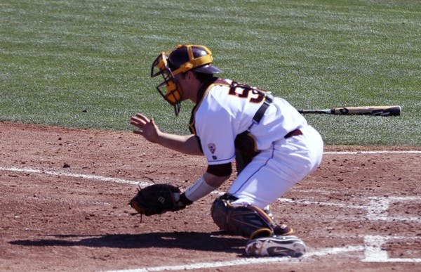 Max Rossiter defends the plate in a game against UC Riverside on Feb. 26. Rossiter said right-handed pitcher Brady Rodgers is the best pitcher he’s ever worked with. (Photo by Sam Rosenbaum)