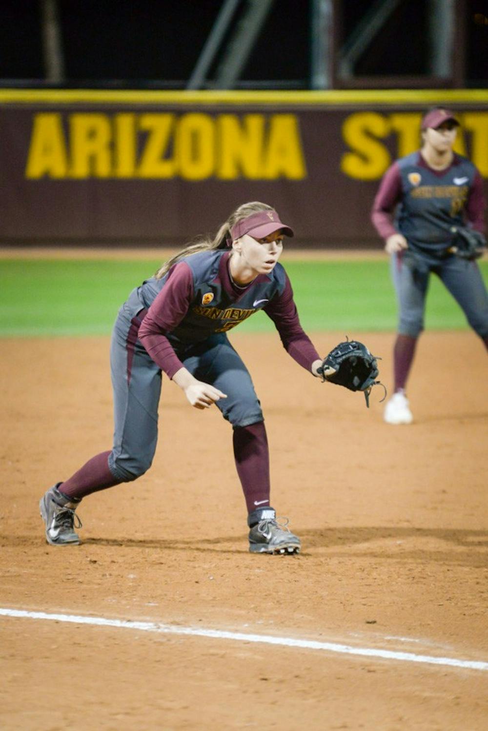 Senior third baseman Haley Steele anticipates the bunt in the second game of a Saturday night doubleheader on Feb. 21, 2015, in Tempe. The Sun Devils would secure a 14-0 victory in only five innings. (J. Bauer-Leffler/The State Press)