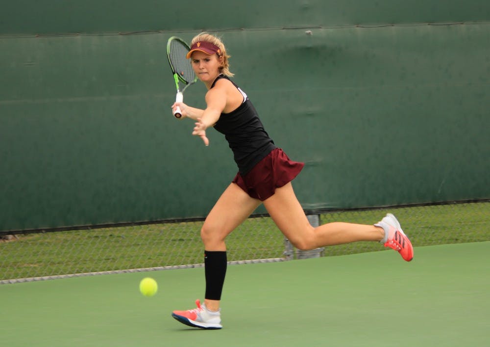 ASU sophomore tennis player Sammi Hampton competes in a singles match against Ohio State at Whiteman Tennis Center in Tempe, Arizona on Sunday, March 3, 2017.