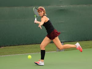 ASU sophomore tennis player Sammi Hampton competes in a singles match against Ohio State at Whiteman Tennis Center in Tempe, Arizona on Sunday, March 3, 2017.