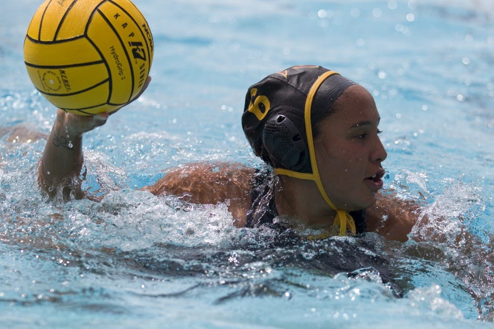 ASU junior Kayla Casas (6) looks to shoot during a water polo match versus the no. 3 UCLA Bruins at Mona Plummer Aquatic Center in Tempe, Arizona on Saturday, April 8, 2018. ASU lost 13-5.