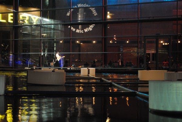 Artist Jeff Zischke's solar-powered display, set in the water surrounding the TCA facility where open mic nights are held, is part of the Green Revolution exhibit that will open Friday to coincide with the Green Business Expo on Saturday. (Photo by Yvonne Gonzalez)