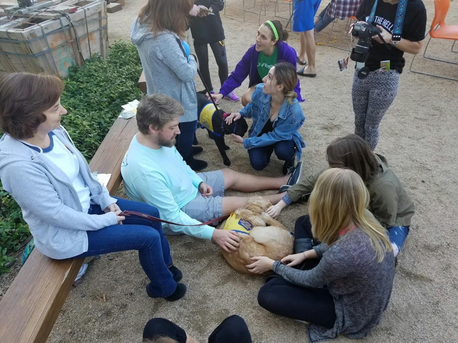 Students gather to pet and play with Canine Companions of Independence dogs at the Puppy Love event at the ASU downtown campus on Friday, Feb. 24, 2017.