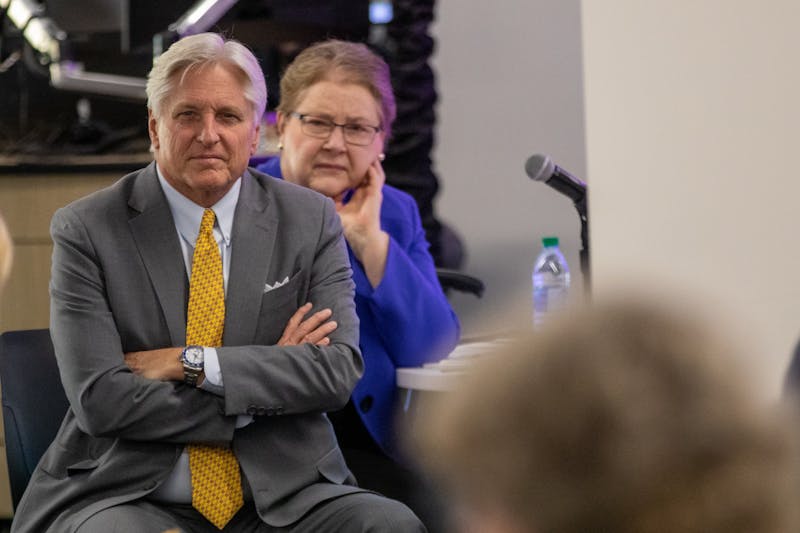 Regent Fred DuVal listens to an audience member speak at the Arizona Board of Regents meeting on Friday, Feb. 14, 2020, at Hayden Library on the Tempe campus.