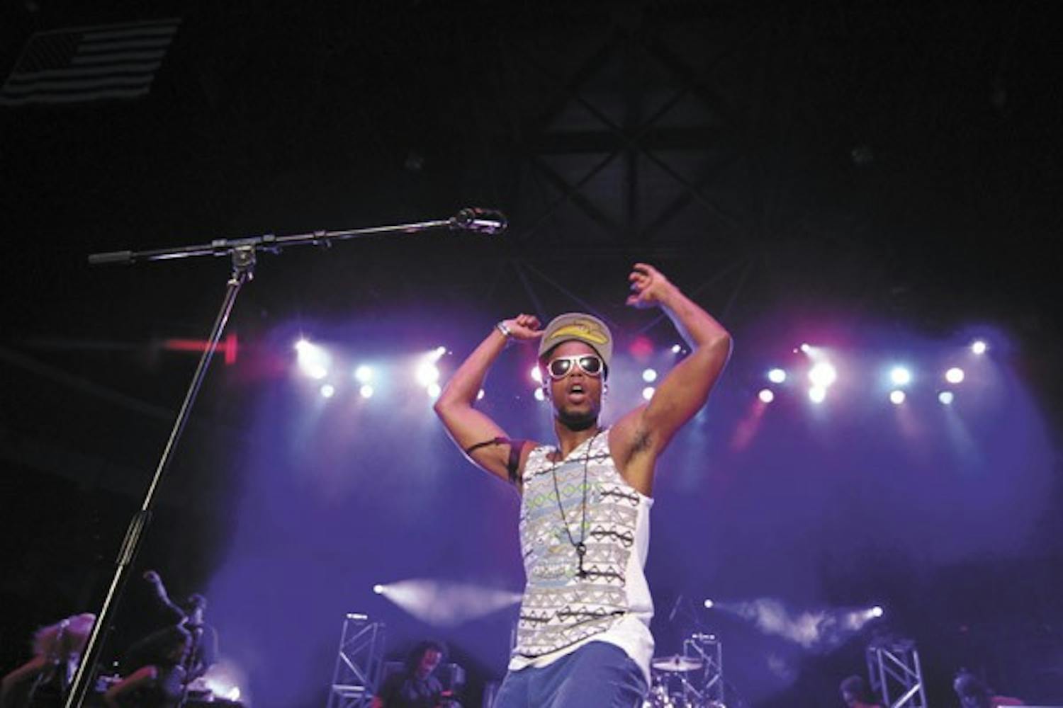 B.o.B and Far East Movement perform for students at the 2012 Fall Welcome Concert hosted by the Programming and Activities Board and Undergraduate Student Government on Tuesday at Wells Fargo Arena. (Photo by Sam Rosenbaum)