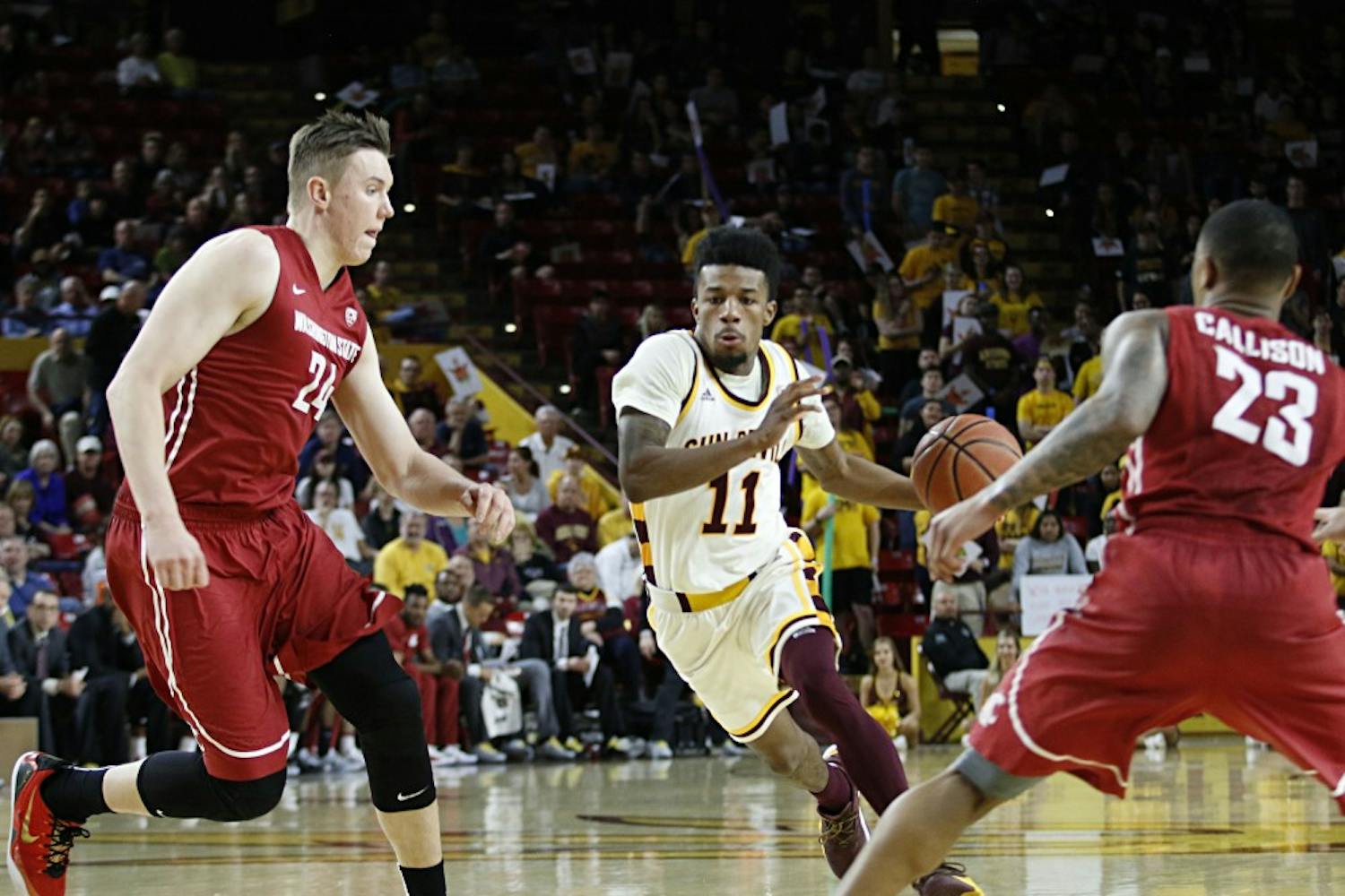 ASU junior Shannon Evans II (11) drives past defense towards the basket in a men's basketball game against Washington State in Wells Fargo Arena in Tempe, Arizona on Sunday Jan. 29, 2017. ASU lost the game 83-91.