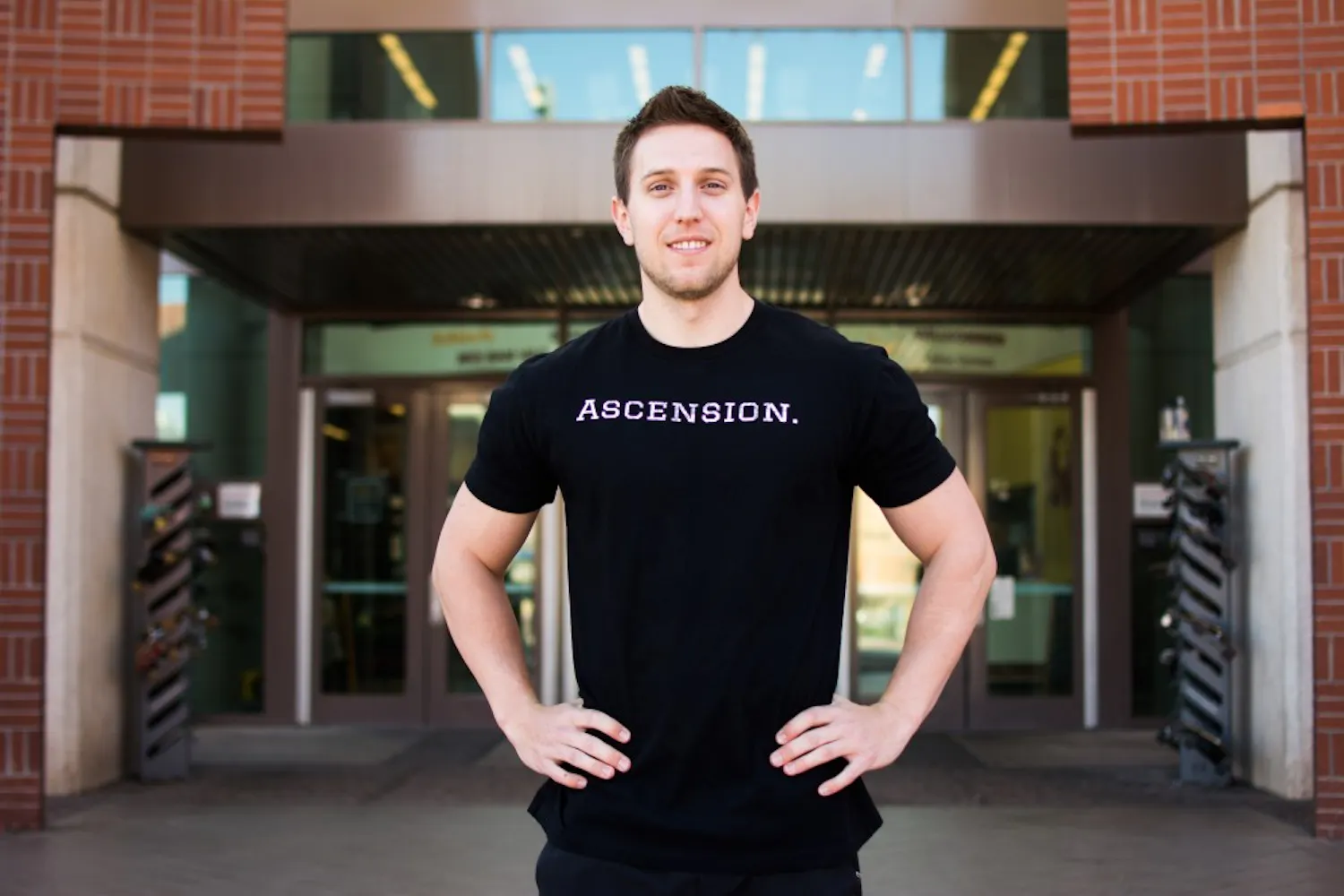 TJ Uli, 21-year-old biochemistry senior at ASU, poses outside of ASU Tempe’s Sun Devil Fitness Complex on Jan. 18, 2017. Uli sports a t-shirt from his recently launched apparel line “Ascension. Athletic Apparel and Lifestyle”.