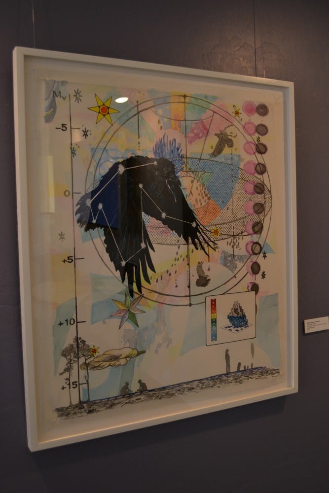 Christopher Reiger’s mixed media piece, “without maps or manifest,” combines aspects of American history with timeless tools used for advancement throughout the years.
Photo by Mackenzie McCreary