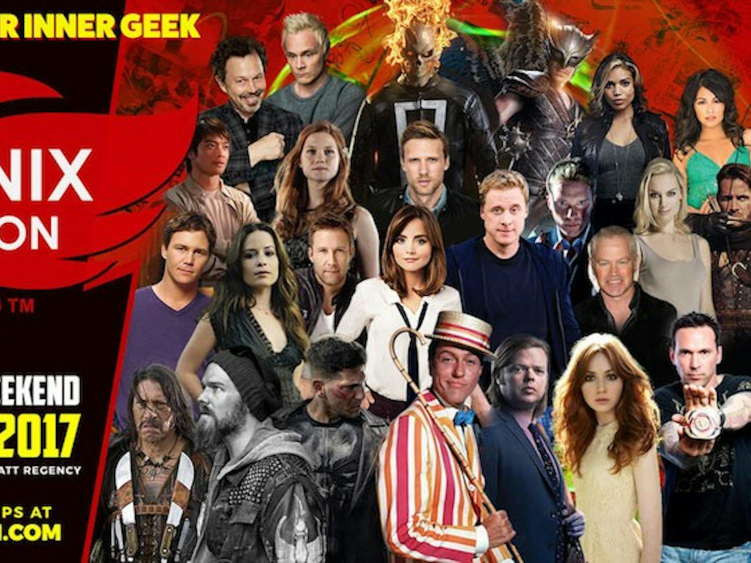 An infographic for Phoenix Comicon 2017, featuring movie stars, comic creators, voice actors and more. The event will take place this Thursday through Sunday at the Phoenix Convention Center.