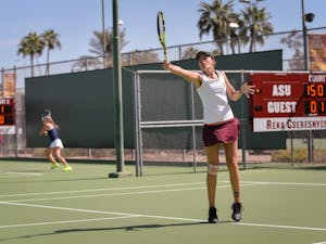 Ebony Panoho returns the  serve during the match-up against the California Bears on Friday, March  4, 2016 at the Whiteman Tennis Center in Tempe.&nbsp;&nbsp;
