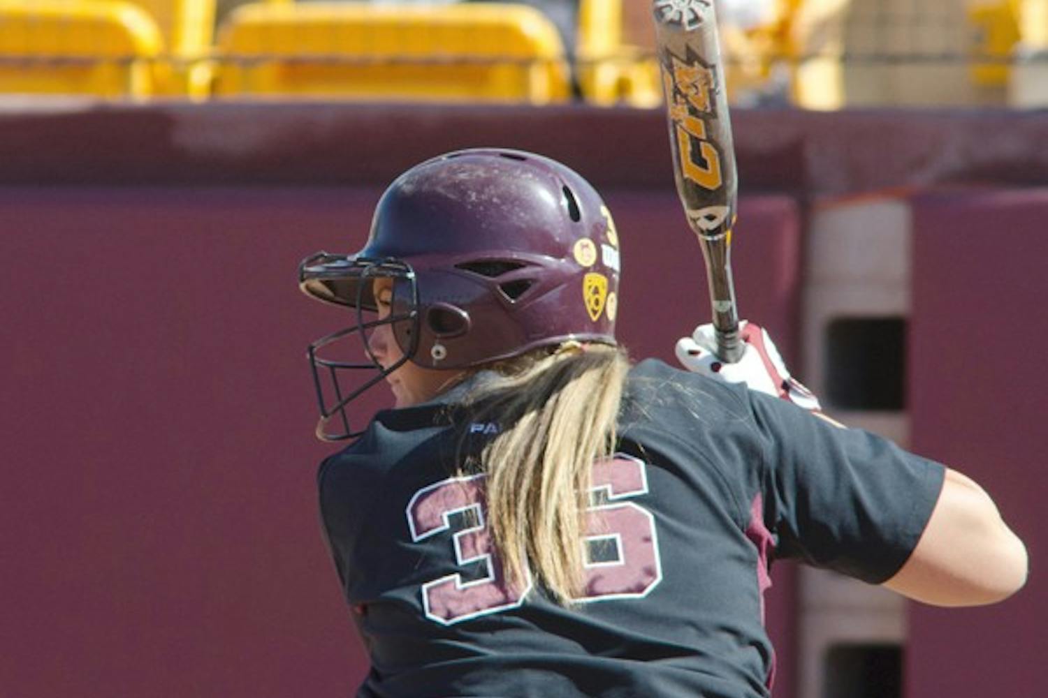 Championship-bound: ASU senior Mandy Urfer waits for a pitch during the Sun Devils’ 8-0 win over Long Beach State on May 21. Urfer had a two-RBI home run in the ASU victory over Baylor on Sunday. (Photo by Aaron Lavinsky)