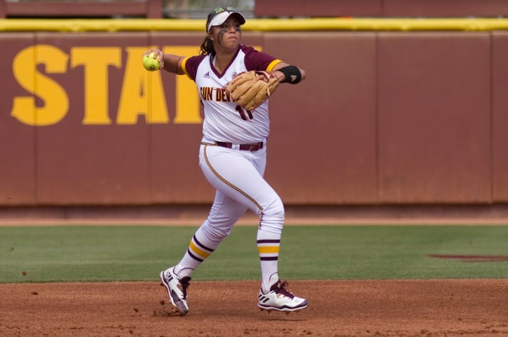 ASU senior shortstop Chelsea Gonzales (11) throws the ball to first base during game one of a three-game softball series versus the Oregon State Beavers at Alberta B. Farrington Softball Stadium in Tempe, Arizona on Saturday, March 25, 2017. ASU won 8-0.