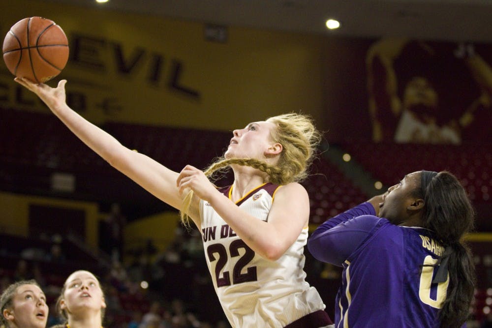 ASU senior center Quinn Dornstauder (22) goes up for an open layup during a women's basketball game versus no. 8 Washington in Wells Fargo Arena in Tempe, Arizona on Sunday, Jan. 15, 2017. ASU lost 65-54, putting them at 13-4 on the season.