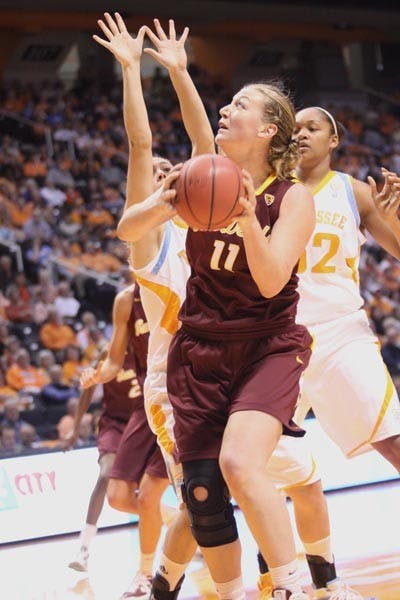 OVER THE TOP: Surrounded by two Tennessee defenders, Redshirt junior forward/center Kali Bennett looks for an opportunity to put up a shot during ASU's 80-64 loss to the Lady Vols on Sunday. The team travels to the Bahamas over Thanksgiving weekend to compete in the Junkanoo Jam. (Photo Courtesy of Steve Rodriguez)
