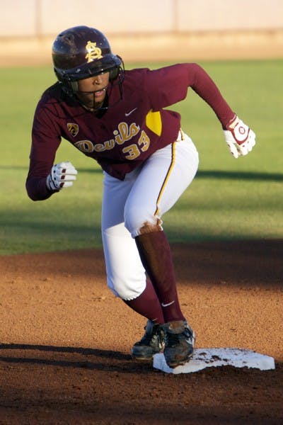 Prepared to Run: ASU freshman outfielder Alix Johnson gets ready to take off from second base during the Sun Devils’ victory over Cal Poly on Feb. 11. ASU will play five games in three days at the Wilson/DeMarini Invitational in Tempe starting March 4. (Photo by Scott Stuk)