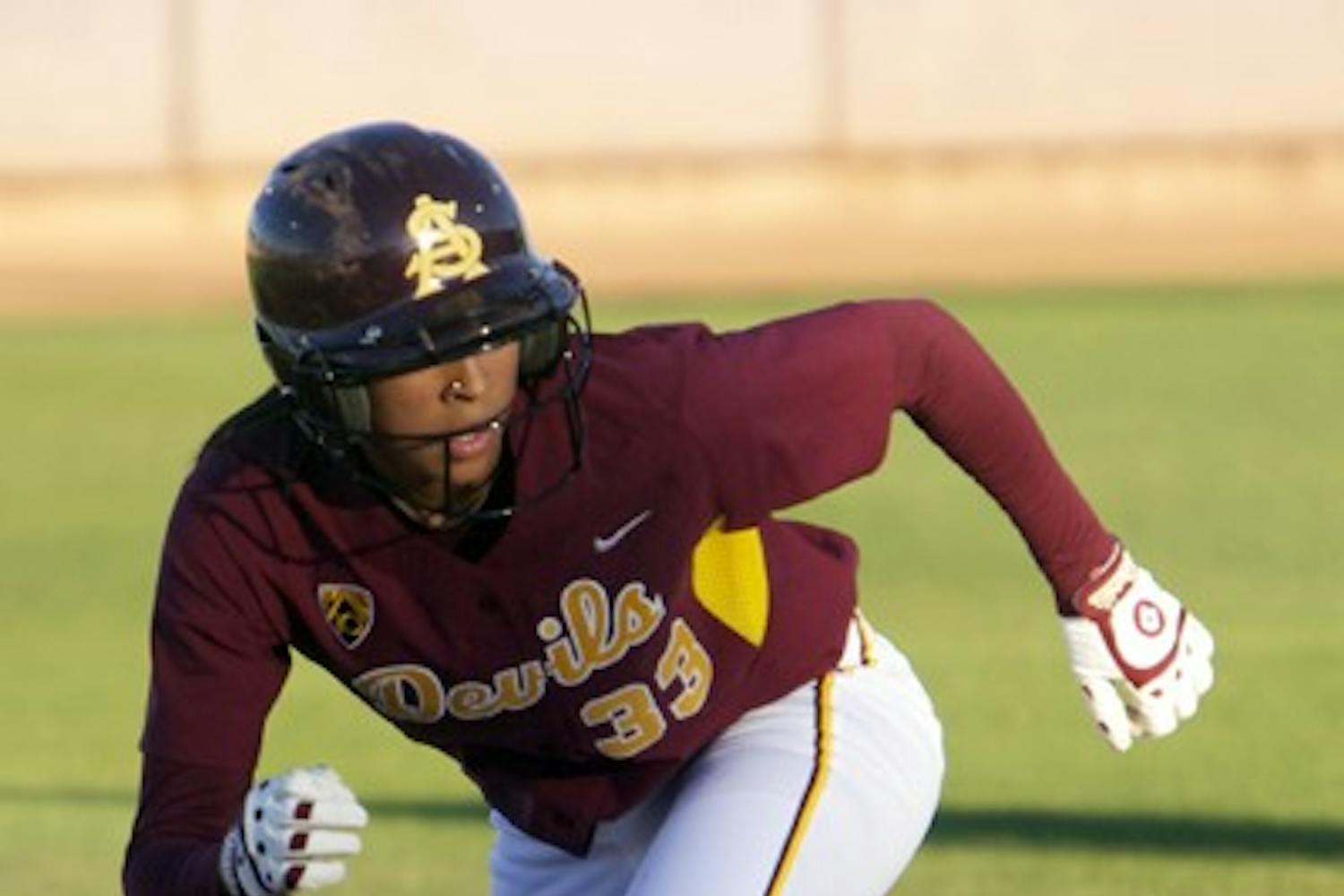 Prepared to Run: ASU freshman outfielder Alix Johnson gets ready to take off from second base during the Sun Devils’ victory over Cal Poly on Feb. 11. ASU will play five games in three days at the Wilson/DeMarini Invitational in Tempe starting March 4. (Photo by Scott Stuk)