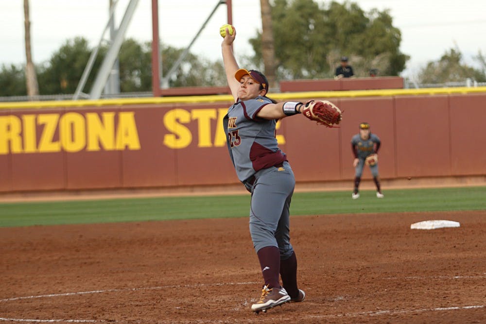 Freshman pitcher Alyssa Loza (23) pitches the ball in a game against Purdue at Alberta B. Farrington Softball Stadium in Tempe, Arizona, on Friday, Feb. 10, 2017. The Sun Devils won the game, 3-0.