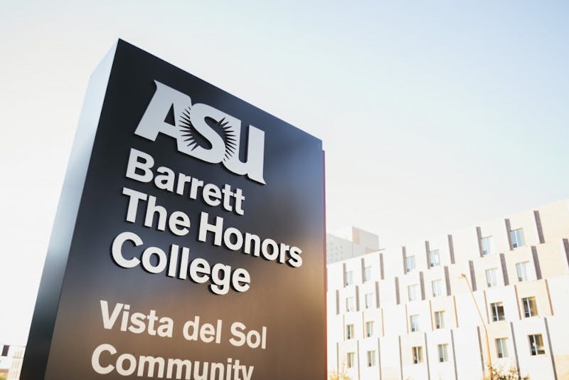 An ASU Barrett The Honors College sign pictured on campus in Tempe, Arizona, on Sunday, Feb. 10, 2019.