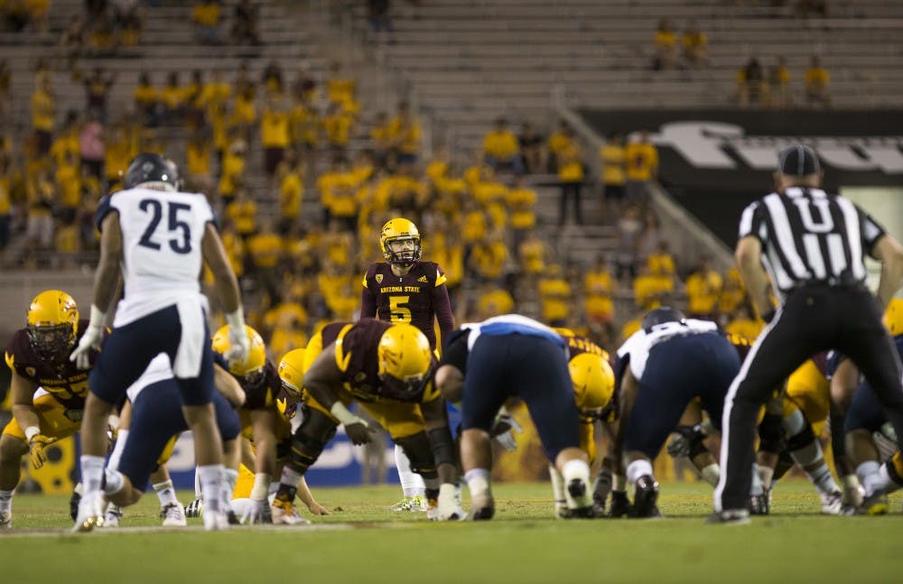 ASU junior kicker Zane Gonzalez prepares to kick during a game against Northern Arizona University in Tempe, Arizona, on Sept. 3, 2016. The Sun Devils won the matchup, 44-13.