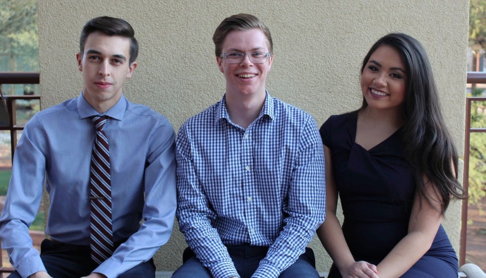 Ryan Leith (Vice President of Policy-elect), left, Jackson&nbsp;Dangremond (President), center, and Jade Yeban (Vice President of Services-elect), right, who form the&nbsp;Dangremond 2017 executive ticket, pose for a photo. The Dangremond ticket&nbsp;won&nbsp;the Spring 2017 USG executive election.