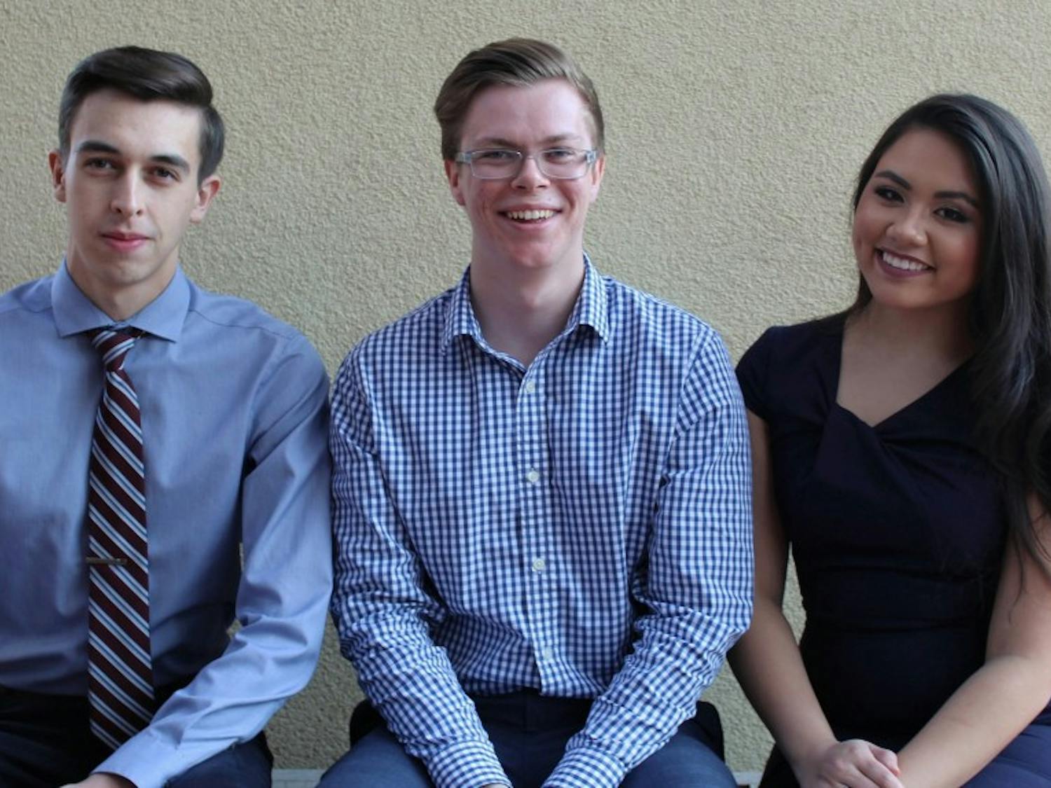 Ryan Leith (Vice President of Policy-elect), left, Jackson&nbsp;Dangremond (President), center, and Jade Yeban (Vice President of Services-elect), right, who form the&nbsp;Dangremond 2017 executive ticket, pose for a photo. The Dangremond ticket&nbsp;won&nbsp;the Spring 2017 USG executive election.