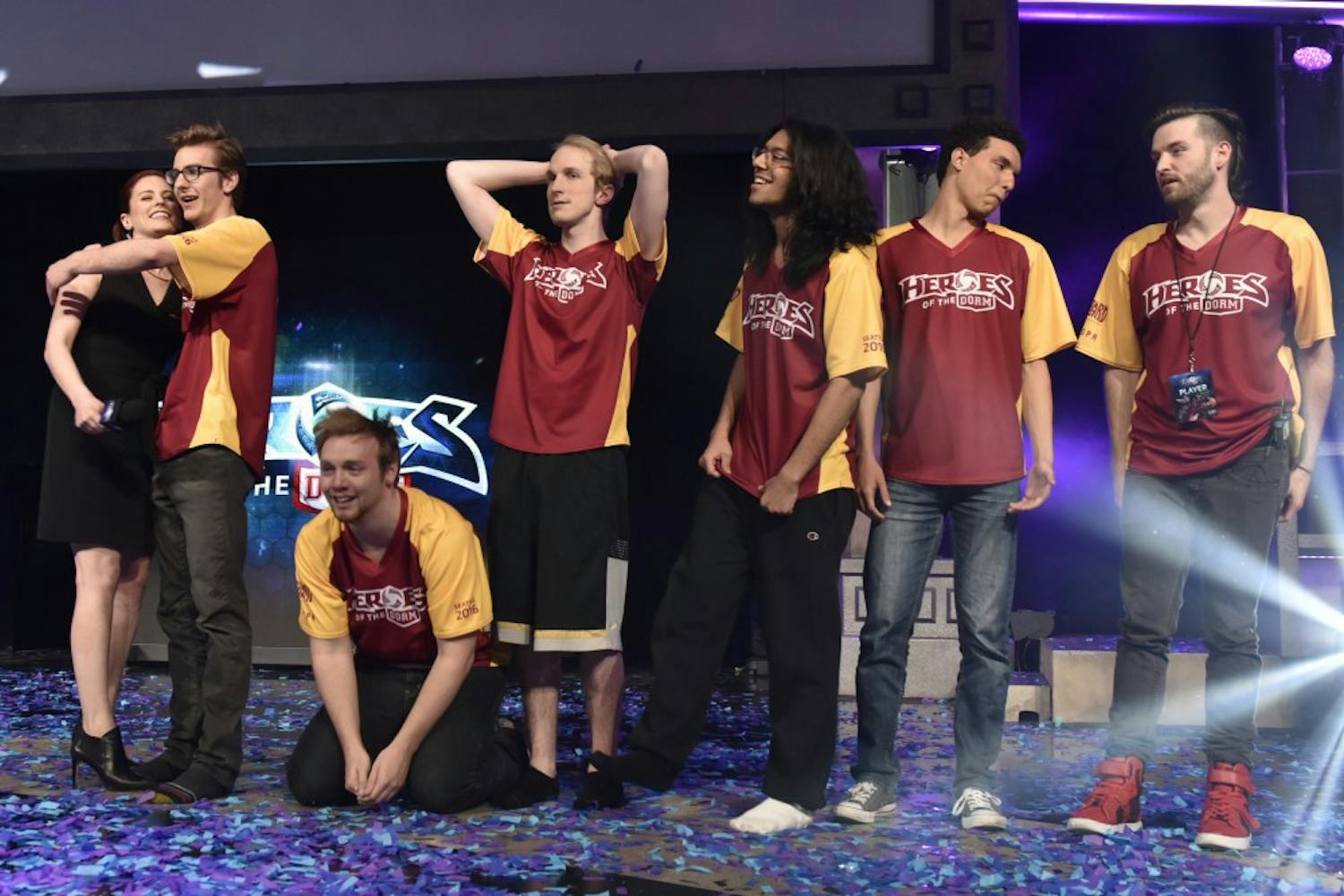 The Real Dream Team members celebrate after their Heroes of the Dorm championship victory on Sunday, April 11, 2016, in Seattle, Washington. 