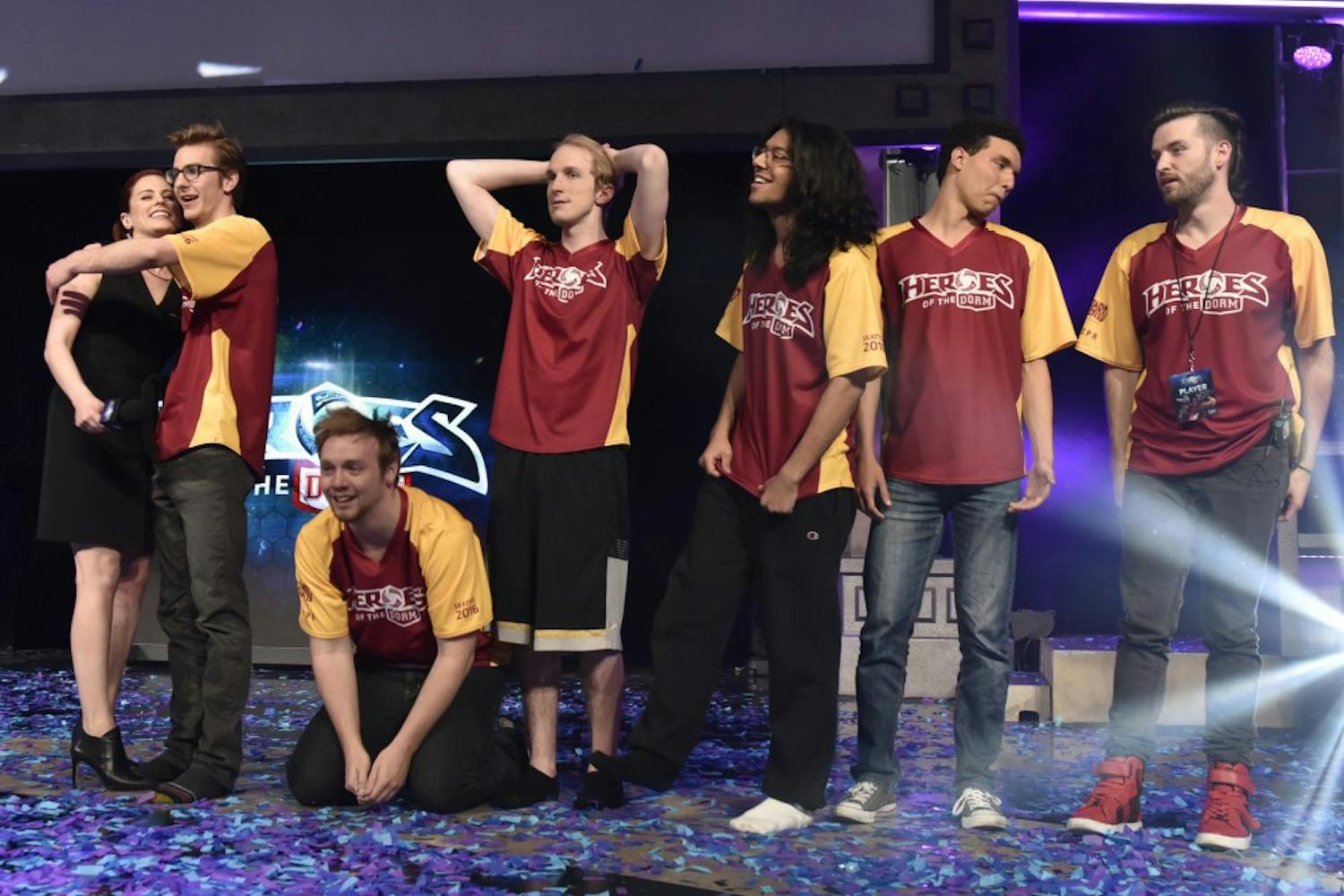 The Real Dream Team members celebrate after their Heroes of the Dorm championship victory on Sunday, April 11, 2016, in Seattle, Washington. 