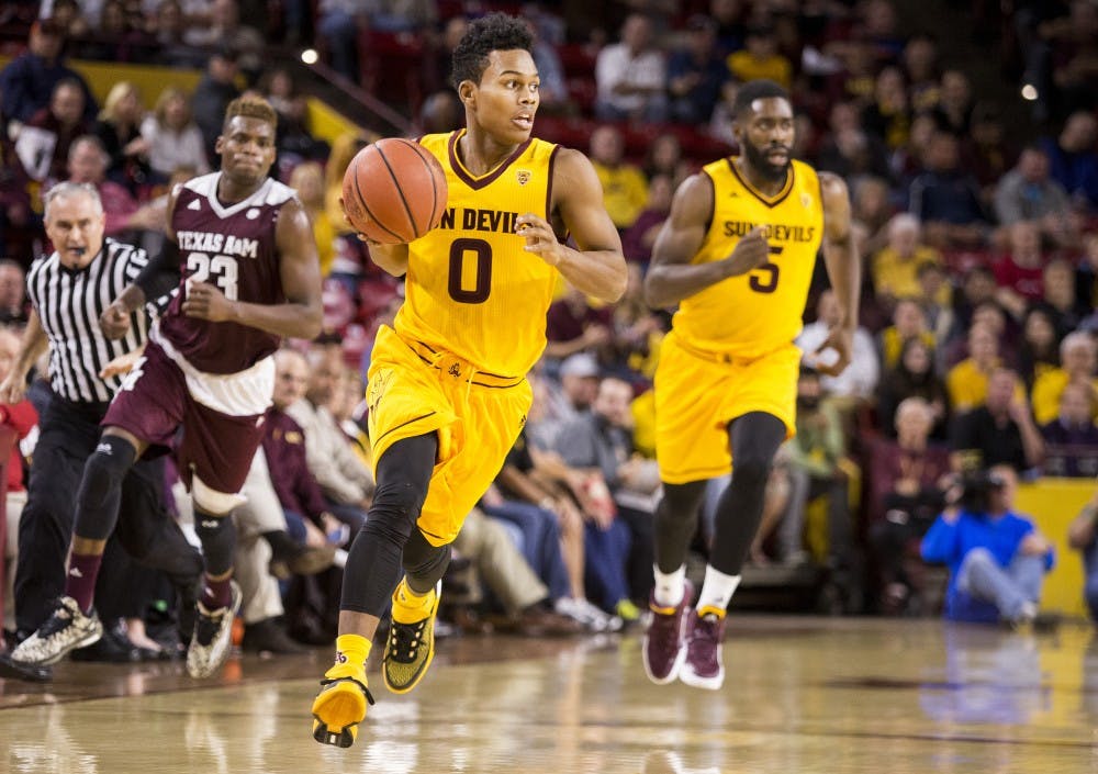Arizona State Sun Devils guard Tra Holder makes his way up the court during a game against Texas A&M at Wells Fargo Arena in Tempe, Ariz., on Saturday, Dec. 5, 2015. The ASU Sun Devils took down the Texas A&M Aggies 67-54. 