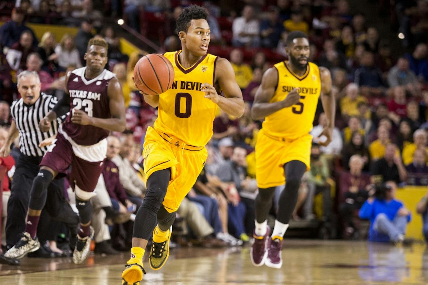 Arizona State Sun Devils guard Tra Holder makes his way up the court during a game against Texas A&M at Wells Fargo Arena in Tempe, Ariz., on Saturday, Dec. 5, 2015. The ASU Sun Devils took down the Texas A&M Aggies 67-54. 