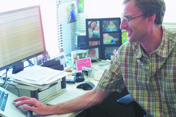 SOFT TOUCH: School of Life Sciences assistant professor Devin Jindrich discusses the correlation between keyboard design and the development of musculoskeletal disorders. (Serwaa Adu-Tutu)