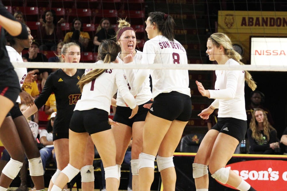 Freshman outside hitter Lexi Maclean (14) reacts after scoring a point against USC on Sunday, Nov. 22, 2015, at Wells Fargo Arena in Tempe.
