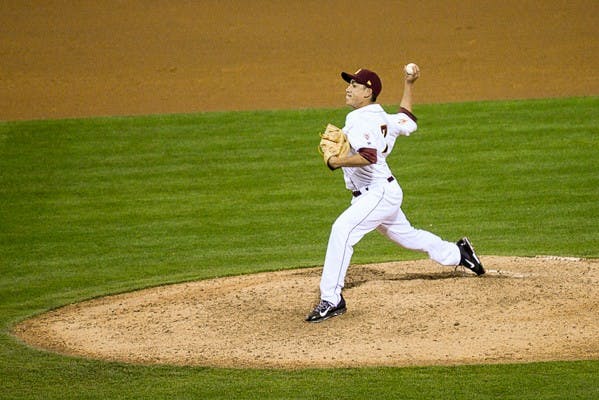 Sophomore pitcher Eder Erives relieves starter Brett Lilek (not pictured) in a game against Oklahoma State, Friday, Feb. 13, 2015, at Phoenix Municipal Stadium. The Sun Devils defeated the Cowboys 5-3 on Saturday afternoon. (J. Bauer-Leffler/The State Press)