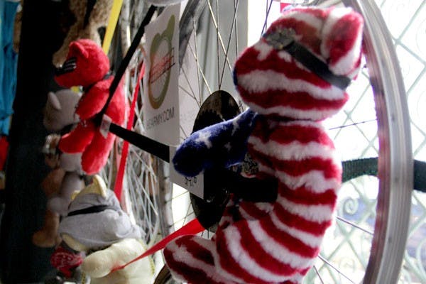 Featured at the Lab Pop-Up Gallery near downtown Phoenix, the rescued and reconstructed teddy bears are part of the Die Bearmy art project, which uses the once abandoned bear to help send a message about the importance of recycling. 