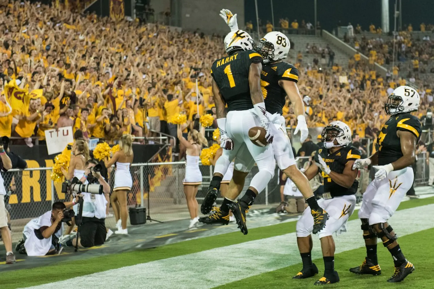 Freshman wide receiver N'Keal Harry celebrates with senior tight-end Kody Kohl after scoring a touchdown in the first quarter against Texas Tech on Sept. 10, 2016 at Sun Devil Stadium, in Tempe, Arizona.