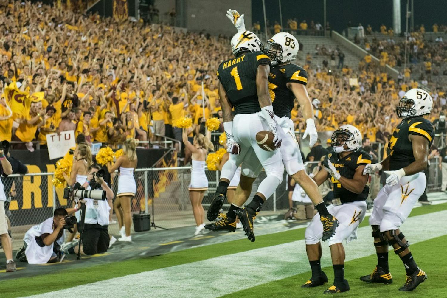 Freshman wide receiver N'Keal Harry celebrates with senior tight-end Kody Kohl after scoring a touchdown in the first quarter against Texas Tech on Sept. 10, 2016 at Sun Devil Stadium,  in Tempe, Arizona.