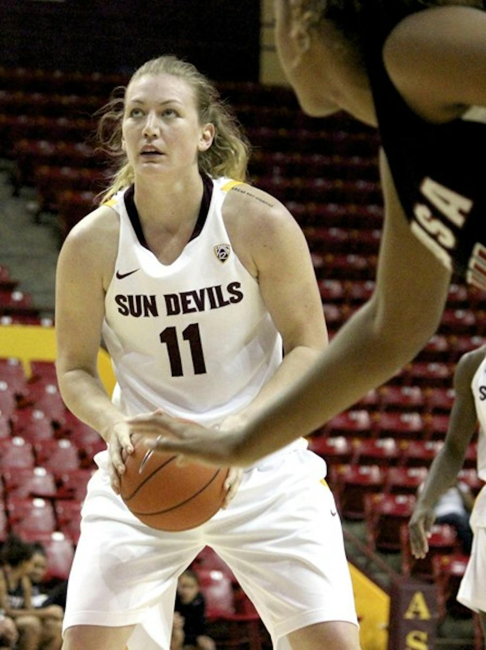 ASU forward/center Kali Bennett concentrates for a free throw during the Sun Devils’ 66-35 exhibition win over Azusa Pacific on Nov. 3. The Sun Devils defeated Illinois on a game-winning layup on Thursday, but lost to Rutgers on Friday for their first loss of the season. (Photo by Sam Rosenbaum)